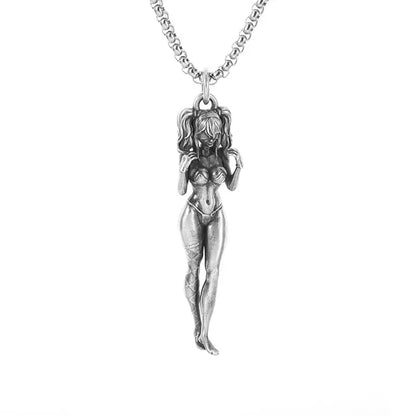 Silver pendant necklace featuring an anime mecha girl figurine in bikini with pigtails on a matching chain