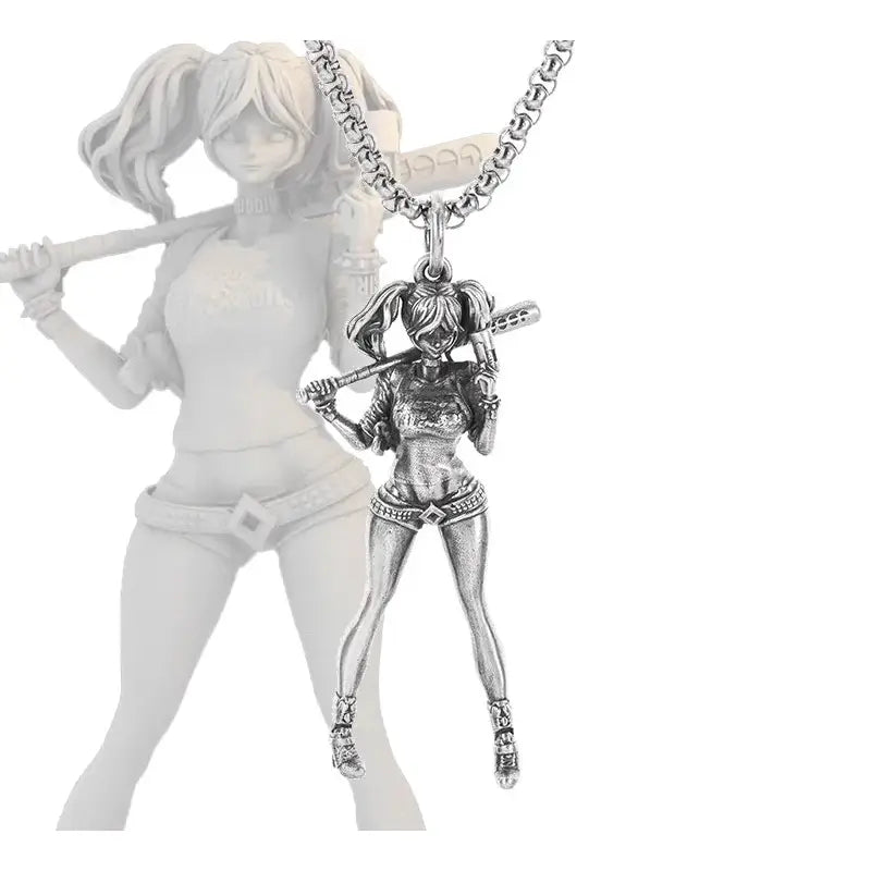 Silver harley quinn anime mecha girl pendant necklace featuring detailed figurine holding a bat on a silver chain