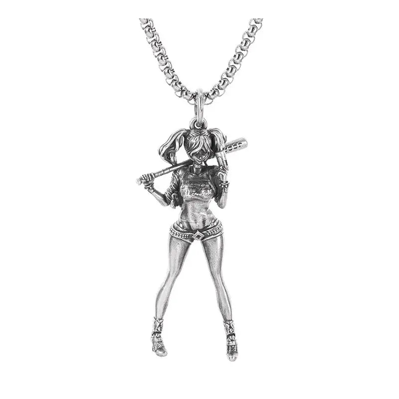 Silver pendant necklace featuring a detailed anime mecha girl figurine with pigtails and dual batons on a matching chain