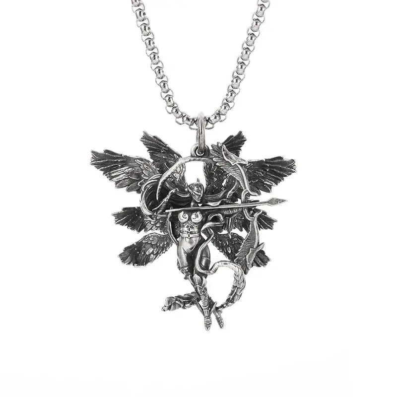Silver pendant necklace featuring a silver-toned angelic anime mecha girl pendant with detailed wings and bow on chain