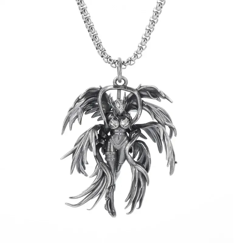 Silver pendant necklace featuring an anime mecha girl in silver-toned armor with detailed wings on a matching chain