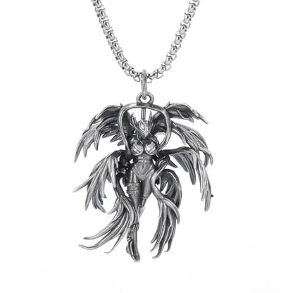 Silver pendant necklace featuring an anime mecha girl in silver-toned armor with detailed wings on a matching chain