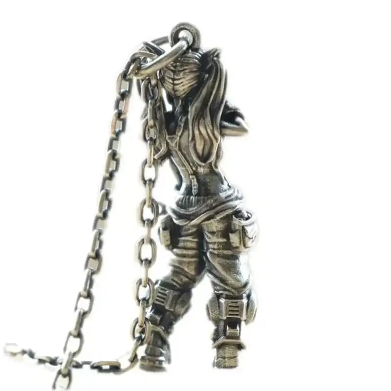 Silver pendant necklace featuring a detailed anime mecha girl figurine in combat gear holding dual chains pendant necklace