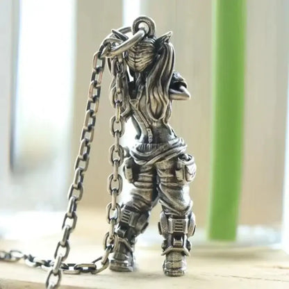 Silver pendant necklace featuring a detailed anime mecha girl warrior figurine with chains in silver-toned metal pendant necklace