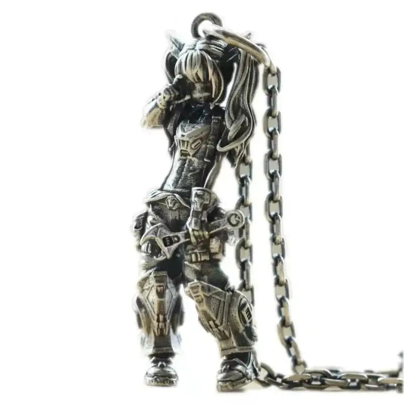 Silver pendant necklace featuring an anime mecha girl warrior in full armor holding a weapon with pigtails pendant necklace