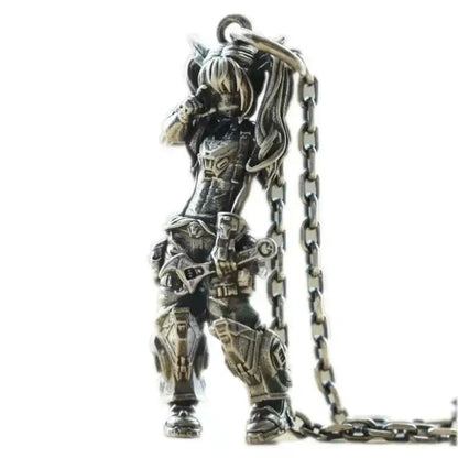 Silver pendant necklace featuring an anime mecha girl warrior in full armor holding a weapon with pigtails pendant necklace