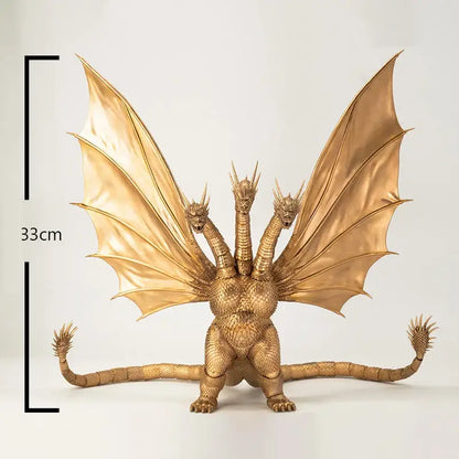 Golden metallic three-headed dragon figure with detailed scales and expansive wings from anime merchandise sold out notice