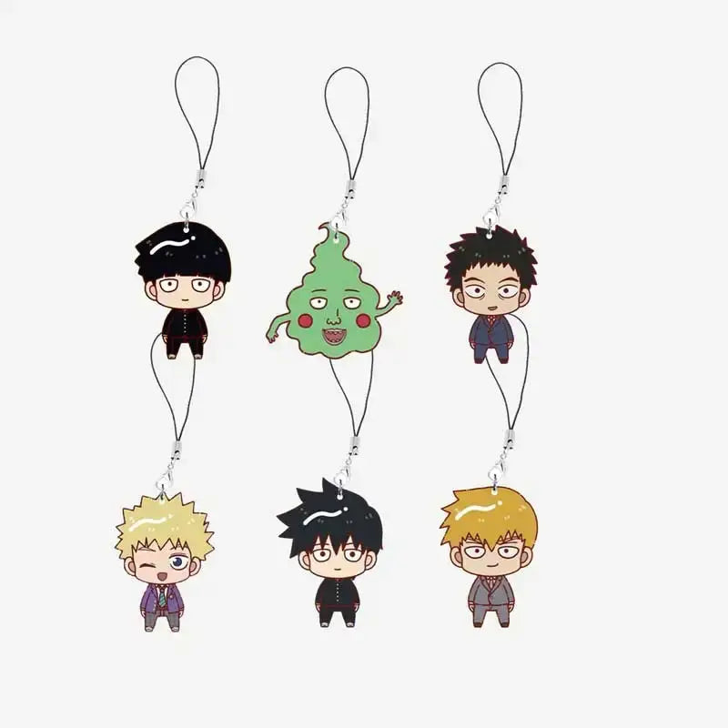 Chibi style mob psycho acrylic keychains featuring black green and blonde hair anime characters with expressive faces