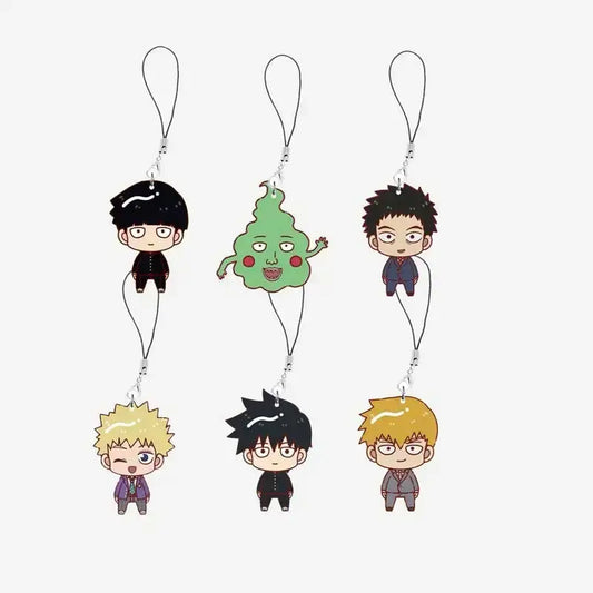Chibi style mob psycho acrylic keychains featuring black green and blonde hair anime characters with expressive faces