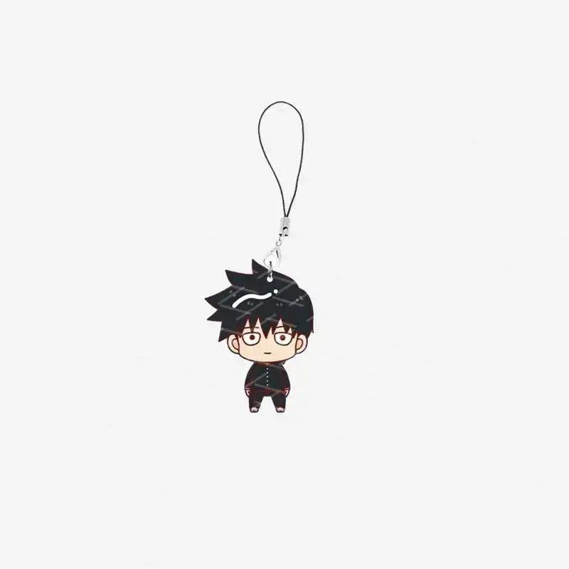 Black and red chibi mob psycho acrylic mobile phone charm with spiky hair glasses and school uniform outfit keychain