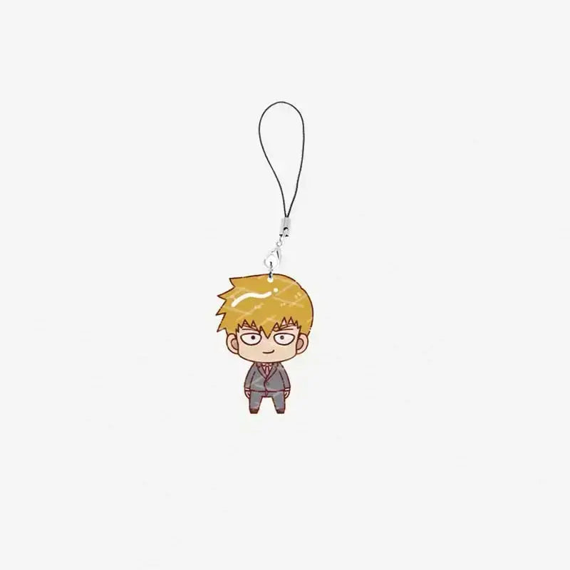 Chibi-style acrylic mob psycho 100 phone charm with spiky blonde hair glasses and gray suit with red trim