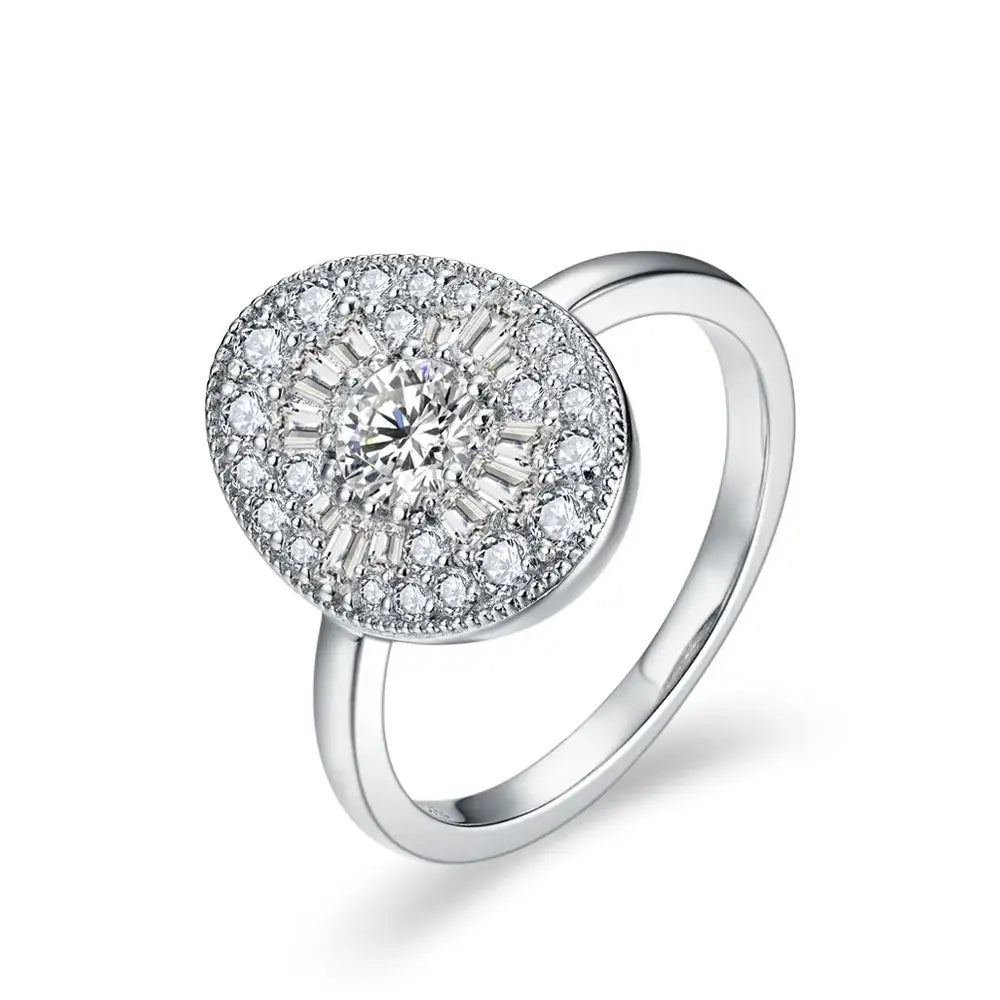 Silver anime moissanite ring with white gold plated band featuring a round brilliant stone and diamond halo setting