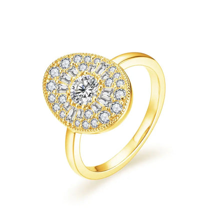 Gold plated anime moissanite ring with central round diamond and baguette stones in oval cluster design on s925 silver