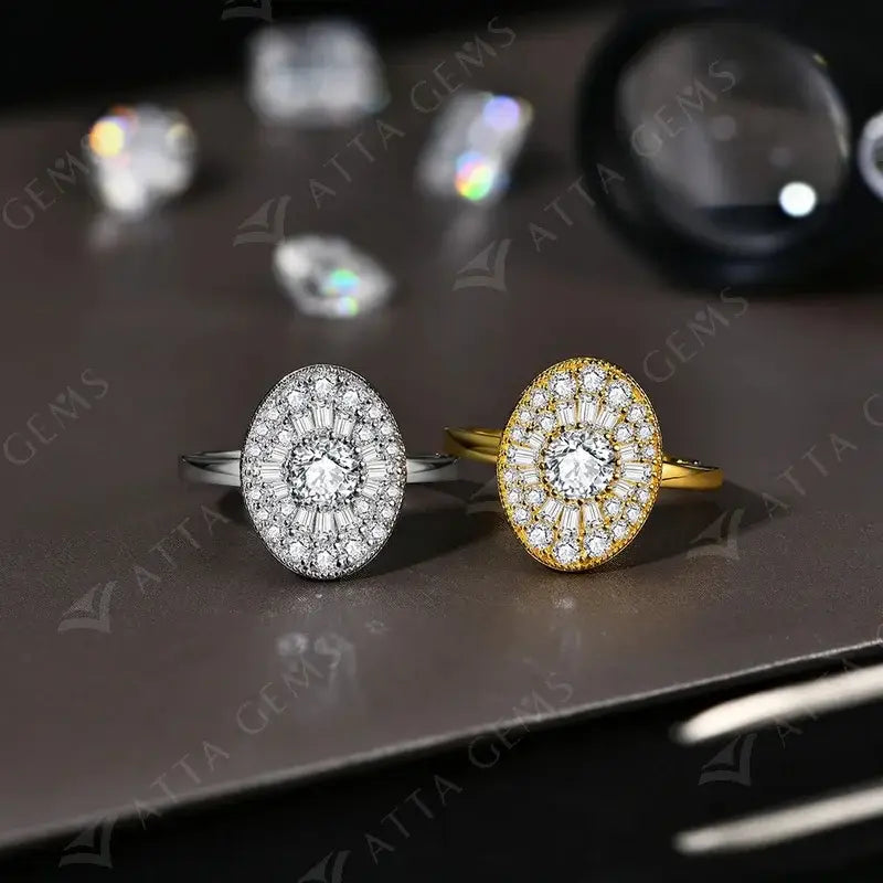 Two oval diamond anime moissanite rings in white gold plated and gold plated silver with round and baguette stones