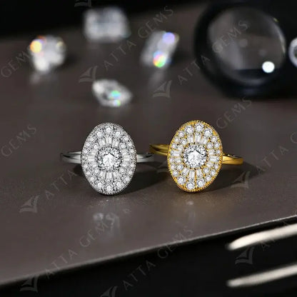 Two oval diamond anime moissanite rings in white gold plated and gold plated silver with round and baguette stones