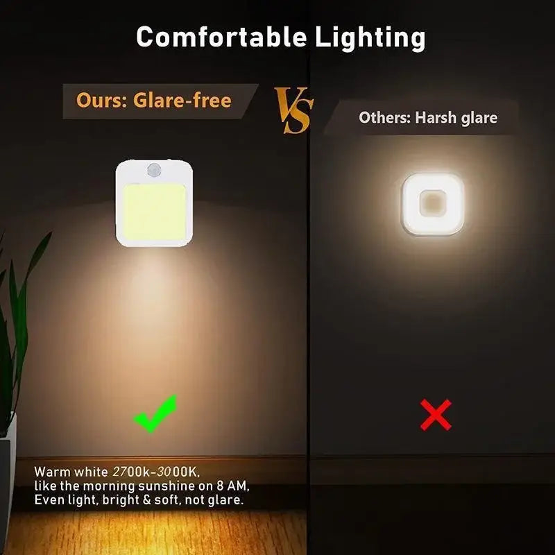 Glare-free warm white led night light with sleek square design and motion sensor for dimmable wireless use