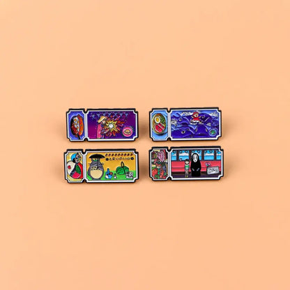 Set of five colorful studio ghibli enamel pins with vibrant artwork and black borders in an anime movie ticket pin set