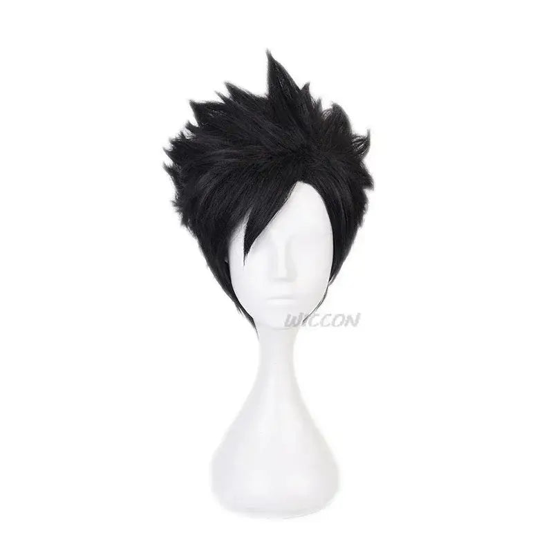 Black spiky cosplay wig on white mannequin head for anime nekoma school kenma kozume kuroo tetsuro cosplay costume