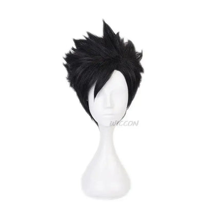 Black spiky cosplay wig on white mannequin head for anime nekoma school kenma kozume kuroo tetsuro cosplay costume