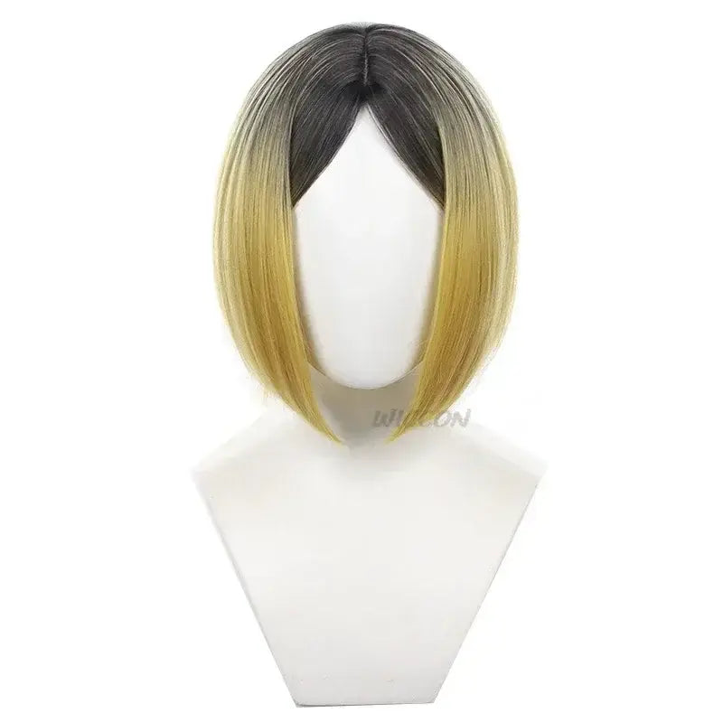 A short straight bob wig with dark roots fading into golden blonde ends for anime nekoma school kenma kozume cosplay