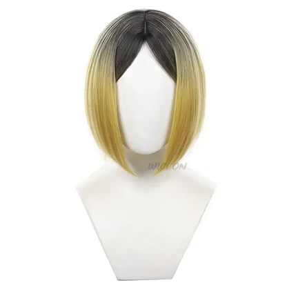 A short straight bob wig with dark roots fading into golden blonde ends for anime nekoma school kenma kozume cosplay