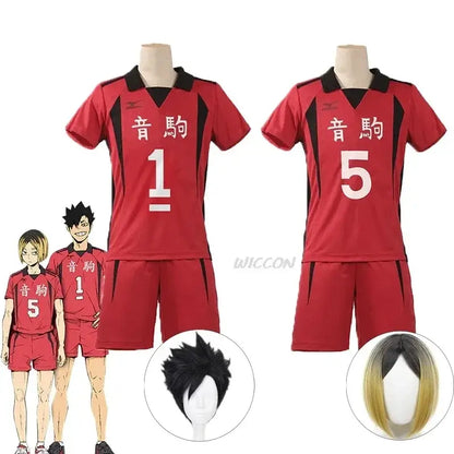 Back side of red and black anime nekoma volleyball jersey set with white japanese characters and numbers 1 or 5