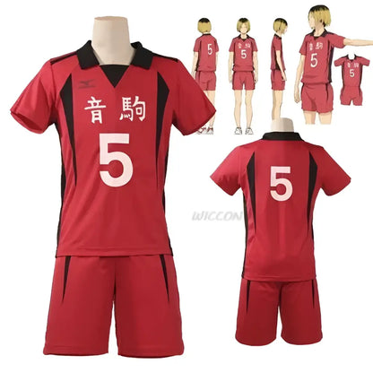 Red volleyball uniform set with black trim and white number 5 featuring short sleeves and Japanese characters cosplay jersey