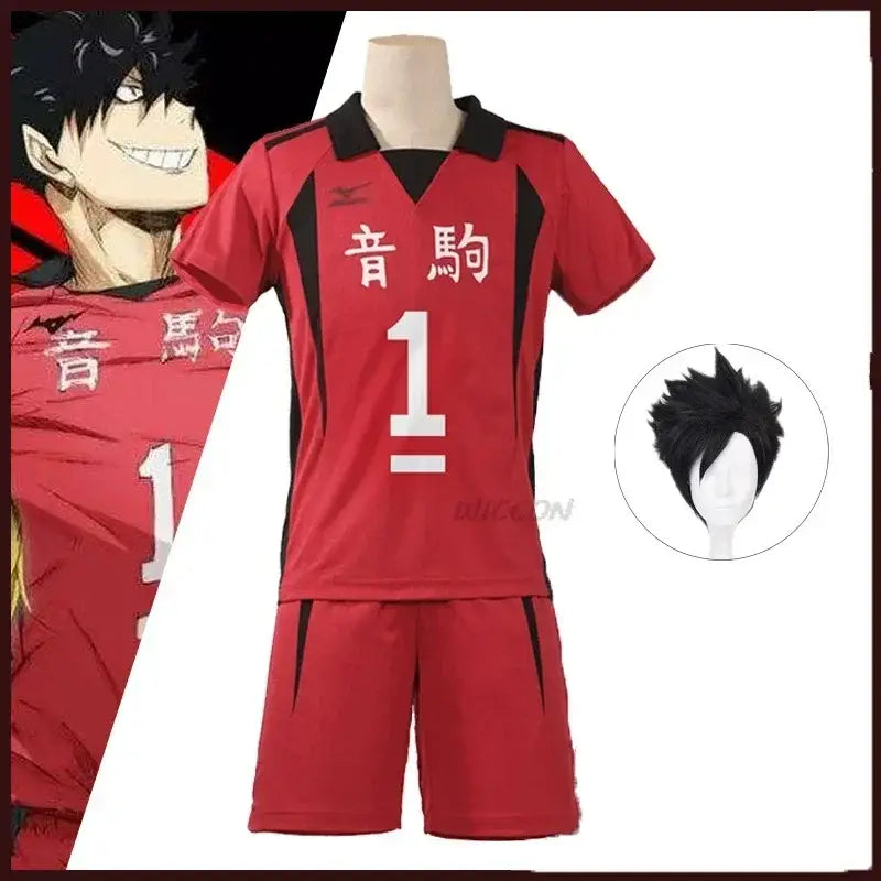 Red volleyball jersey and shorts set with black trim featuring white japanese characters and number 1 cosplay for kuroo