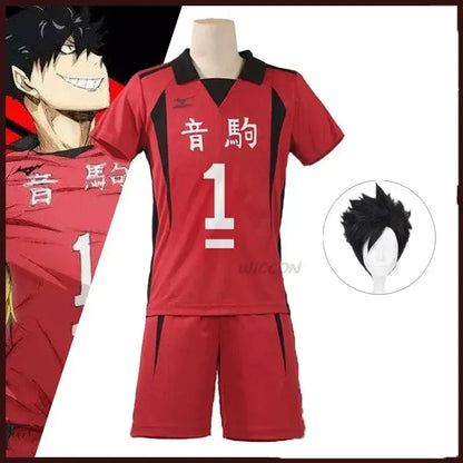 Red volleyball jersey and shorts set with black trim featuring white japanese characters and number 1 cosplay for kuroo