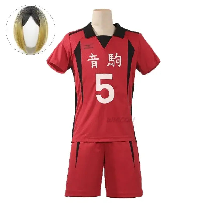 Red and black anime nekoma volleyball jersey with white japanese characters and number 5 on a mannequin for cosplay
