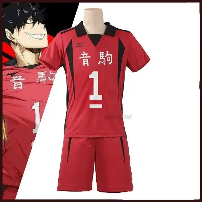 Red volleyball jersey and shorts set with black accents featuring white japanese characters and number 1 on mannequin