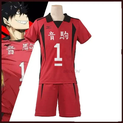 Red volleyball jersey and shorts set with black accents featuring white japanese characters and number 1 on mannequin