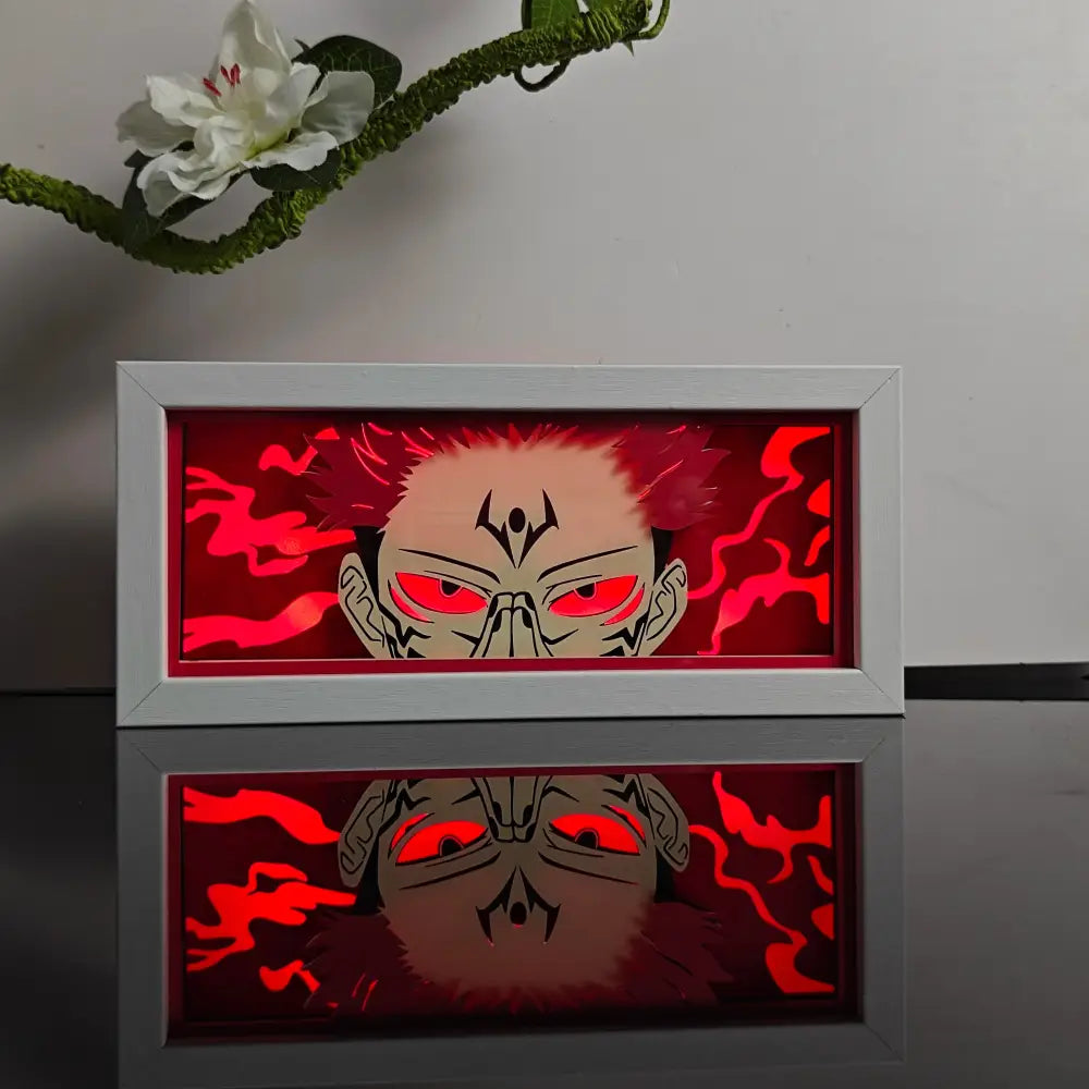 Red-lit anime night light box featuring a stylized character with glowing eyes in a white frame 3d laser led lamp