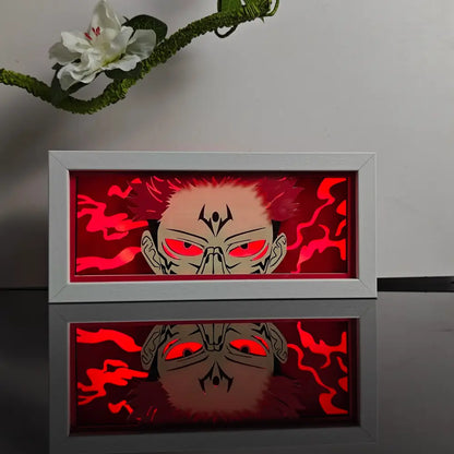 Red-lit anime night light box featuring a stylized character with glowing eyes in a white frame 3d laser led lamp