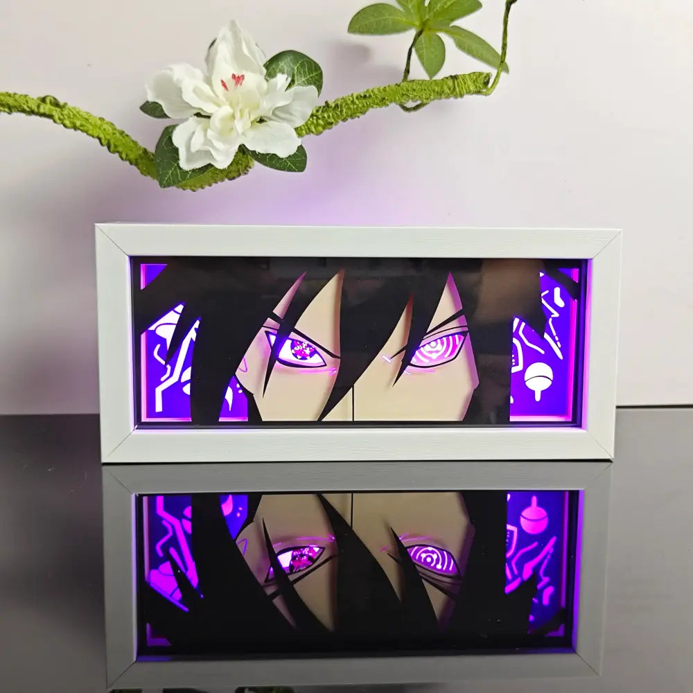 White-framed anime paper-cut led lamp with black hair character and glowing purple eyes with remote control backlight