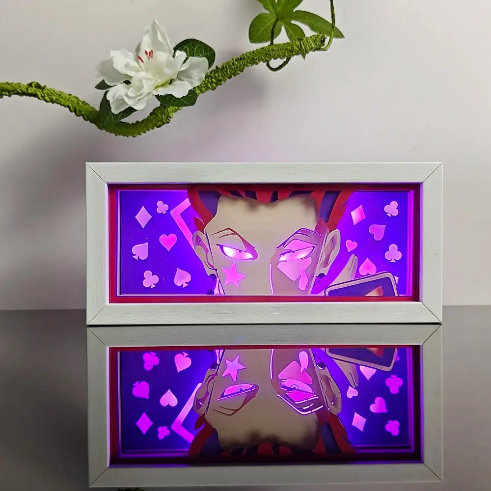 Anime paper-cut led lamp with purple and pink illumination white frame and remote control for paper-cut led night use
