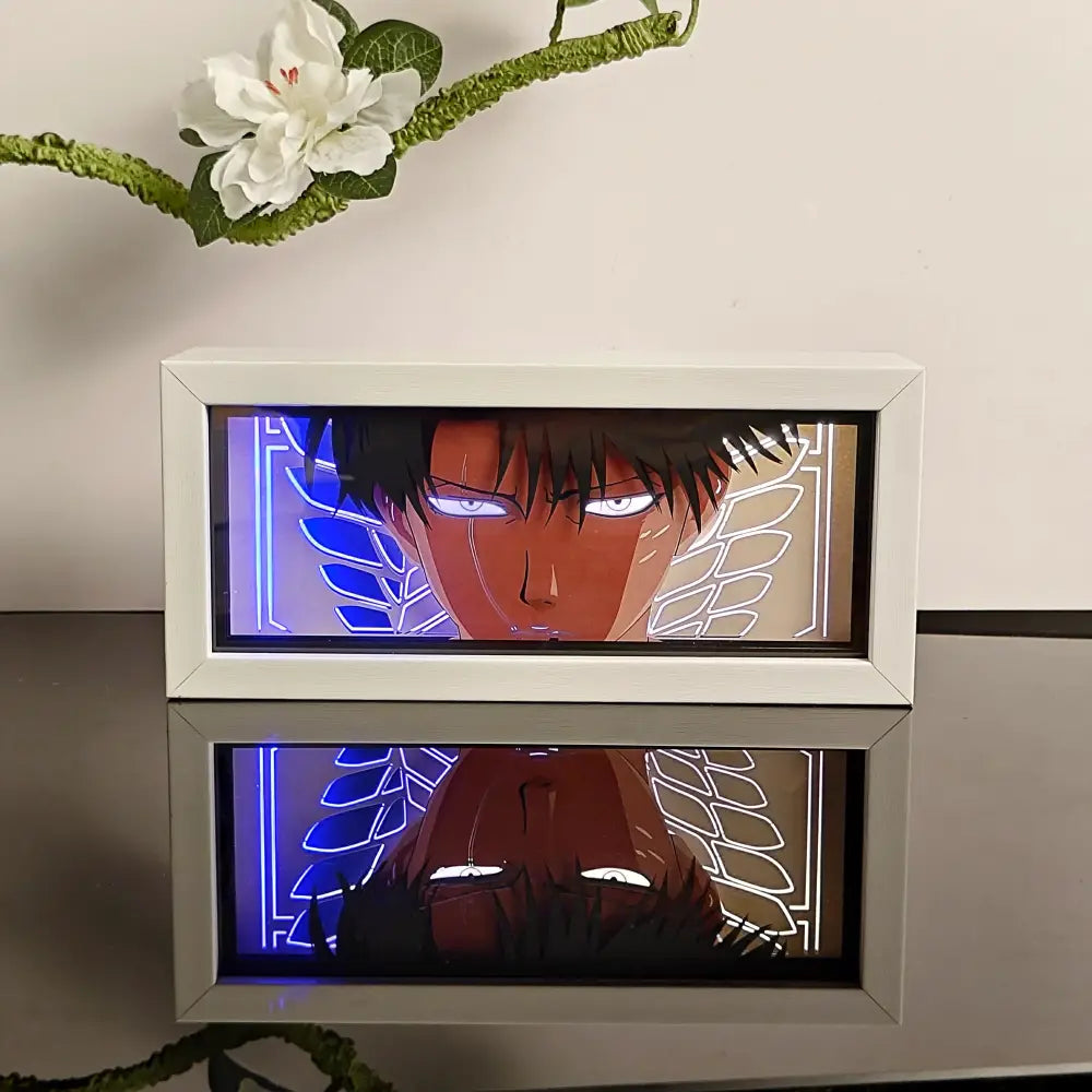 White-framed illuminated anime paper-cut led lamp with blue glowing eyes and remote control 7-color light box