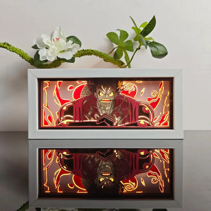 White-framed anime paper-cut led lamp with glowing yellow eyes and red patterns featuring remote control function