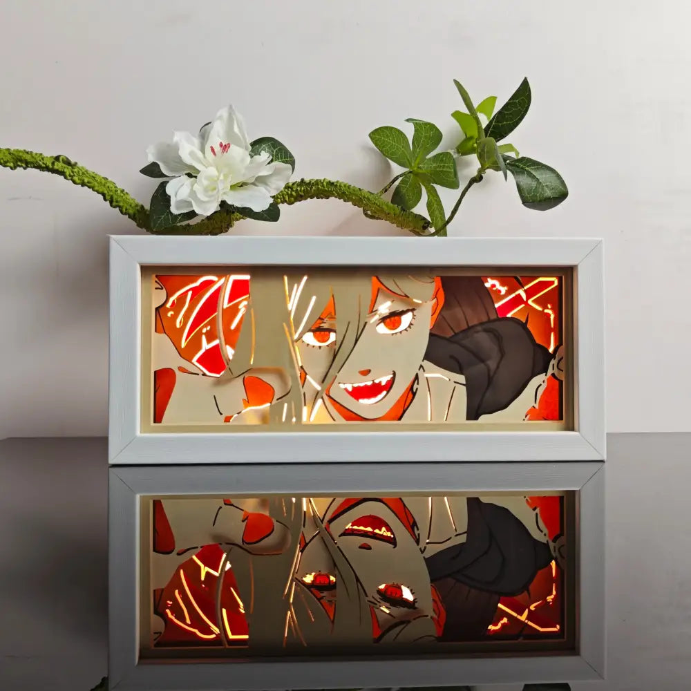 White-framed anime paper-cut led lamp with glowing orange and red accents and 7-color remote control lighting