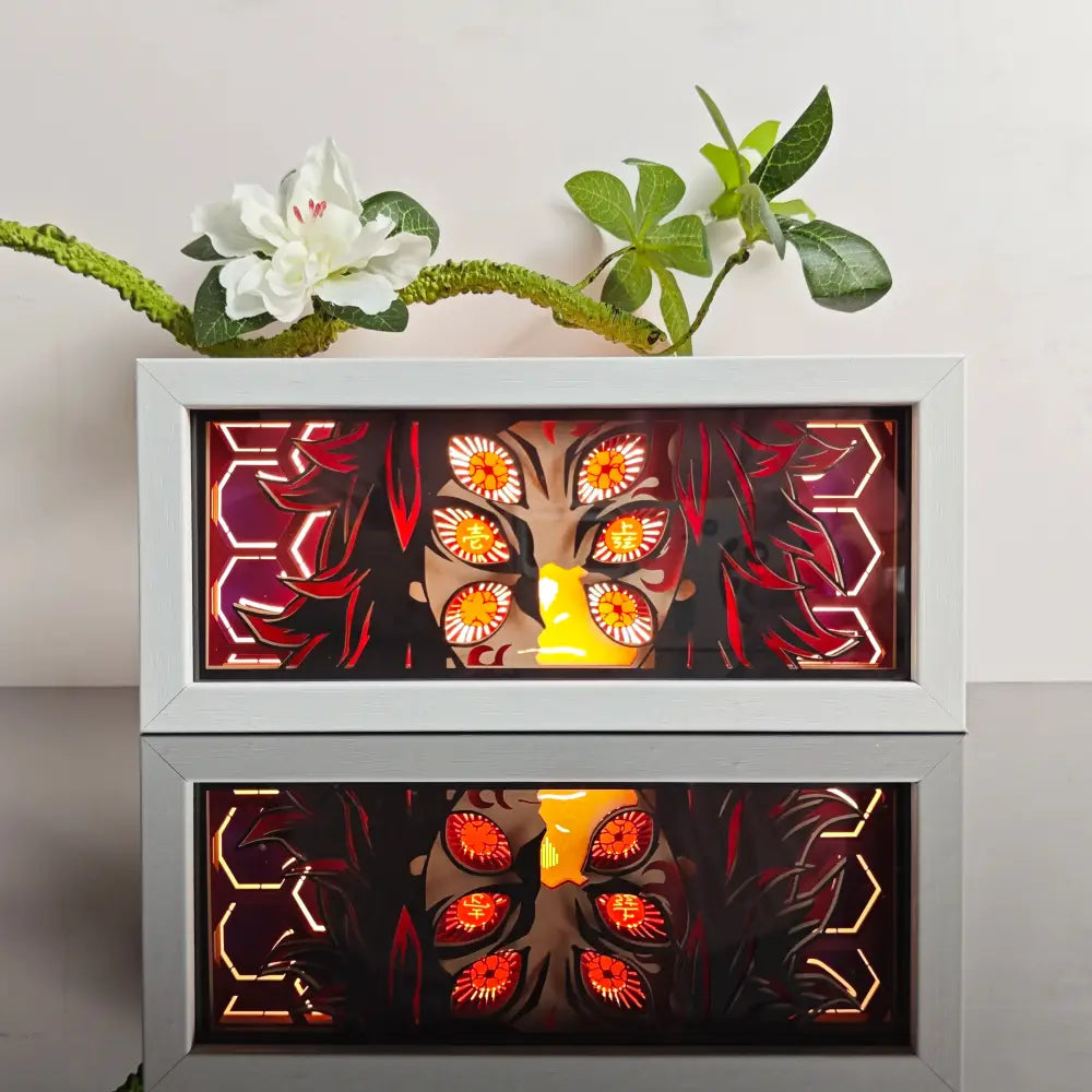 White-framed anime paper-cut led lamp with glowing red eyes and remote control for 7-color illumination