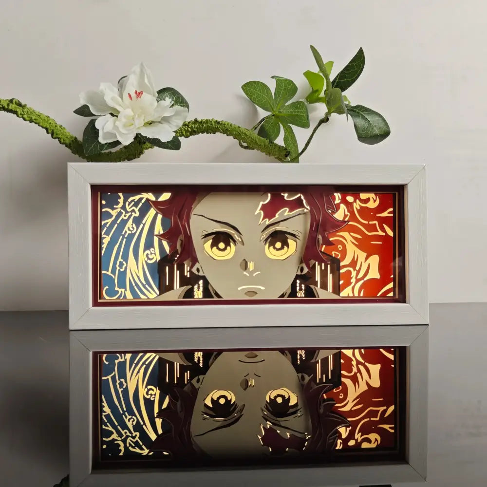 White-framed anime paper-cut led lamp with glowing yellow eyes and gold details features 7-color remote control