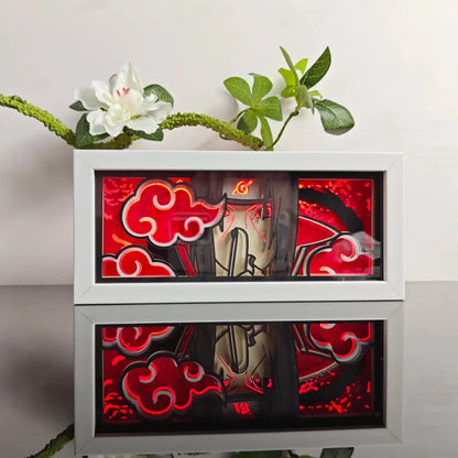 White-framed illuminated naruto uzumaki shadowbox art with glowing red clouds and remote control 7-color led lamp