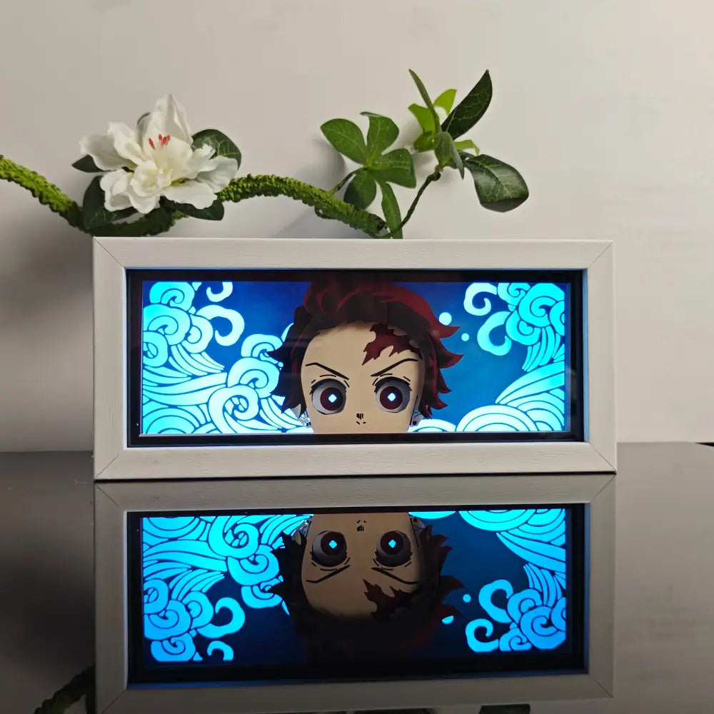 White-framed anime paper-cut led lamp featuring glowing blue character with red hair and remote control function