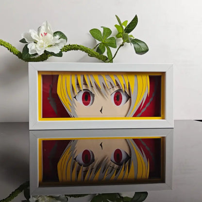 White-framed 3d paper art anime paper-cut led lamp with remote control featuring a character with blonde hair and red eyes
