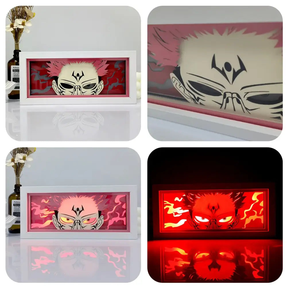 White-framed anime paper-cut led lamp with layered paper cutouts and red backlighting with remote control
