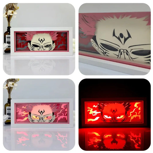 White-framed anime paper-cut led lamp with layered paper cutouts and red backlighting with remote control