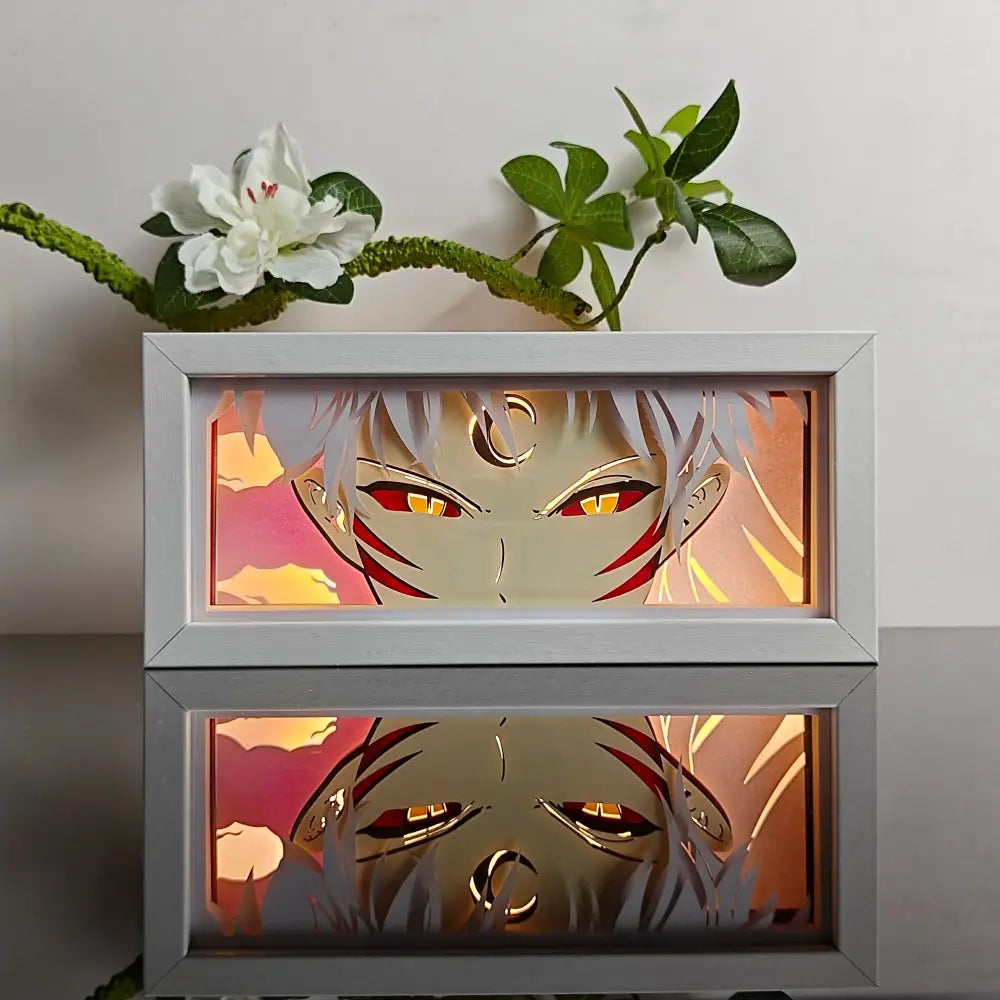 Silver-framed anime paper-cut led light box with 7-color remote featuring white-haired anime character with red eyes