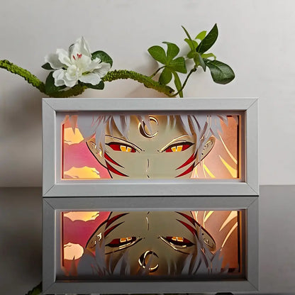 Silver-framed anime paper-cut led light box with 7-color remote featuring white-haired anime character with red eyes