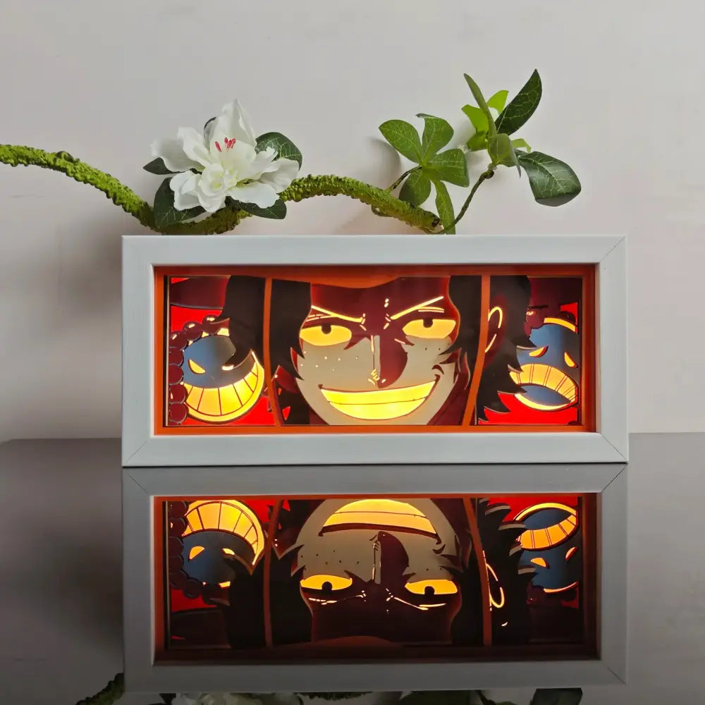 White-framed anime paper-cut led light box with glowing yellow eyes and red background featuring 7-color remote light