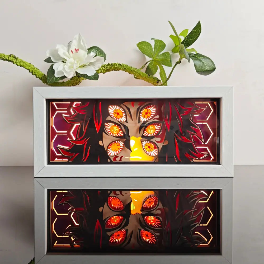 White-framed anime paper-cut led light box with 7-color remote features illuminated art panels of character with glowing eyes